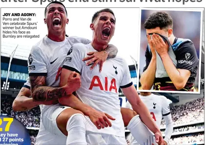  ?? ?? JOY AND AGONY: Porro and Van de
Ven celebrate Spurs’ winner but Amdouni hides his face as Burnley are relegated