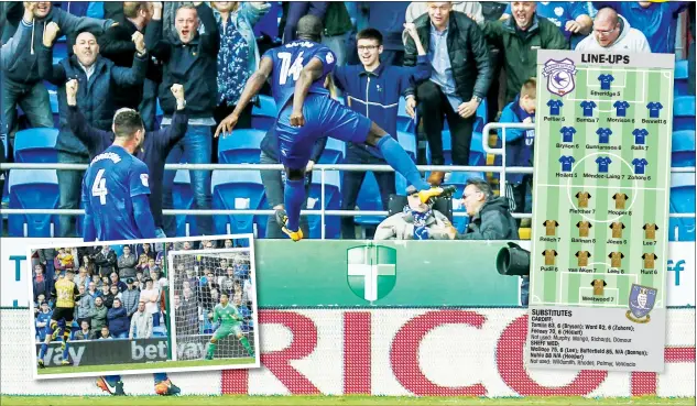  ?? PICTURES: PSI/Andrew Lewis ?? HIGH FLIER: Sol Bamba leaps in the air after scoring Cardiff’s injury-time equaliser while, inset, Gary Hooper heads in Wednesday’s goal