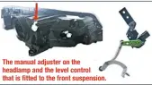  ??  ?? The manual adjuster on the headlamp and the level control that is fitted to the front suspension.