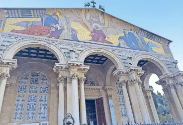  ??  ?? Façade of the Church of All Nations or Basilica of the Agony on Mount of Olives in Jerusalem: Inside is a section of the bedrock where, it’s believed, Jesus Christ prayed before he was arrested.