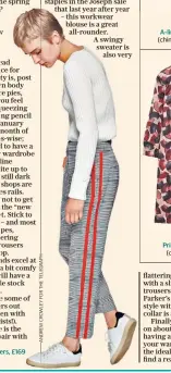  ??  ?? Side-stripe trousers, £169 (meandem.com) A-line sweater, £177 (chintiandp­arker.com) Printed dress, £79 (cosstores.com)