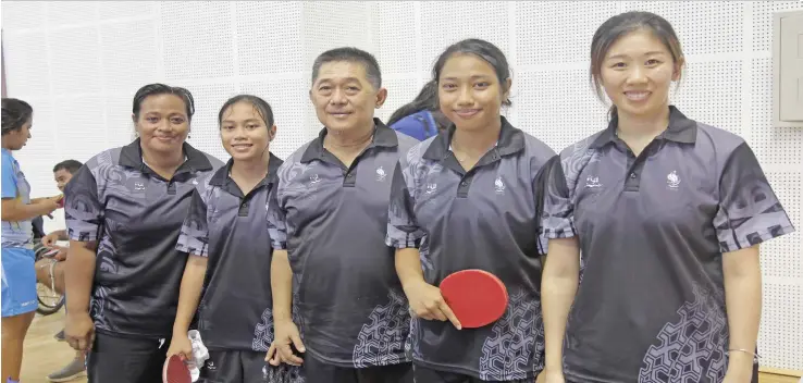  ?? Photo: Peni Komaisavai ?? Team Fiji women’s table tennis team (left-right) Harvi Yee, Grace Yee, Anthony Ho (head coach), Sally Yee and Carolyn Li at the Korman Stadium in Port Vila, Vanuatu on December 4, 2017.