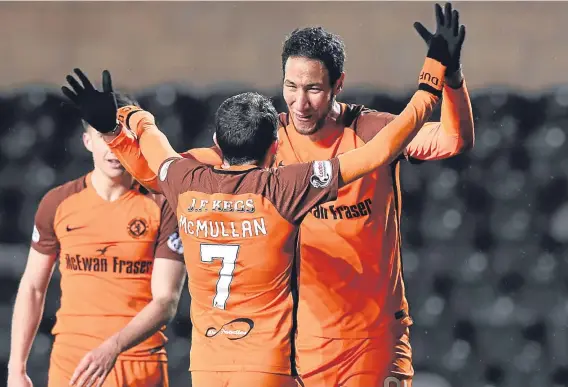  ??  ?? Goalscorer­s Paul McMullan and Bilel Mohsni celebrate the latter’s goal in Tuesday’s 2-0 win over Dumbarton at Tannadice.