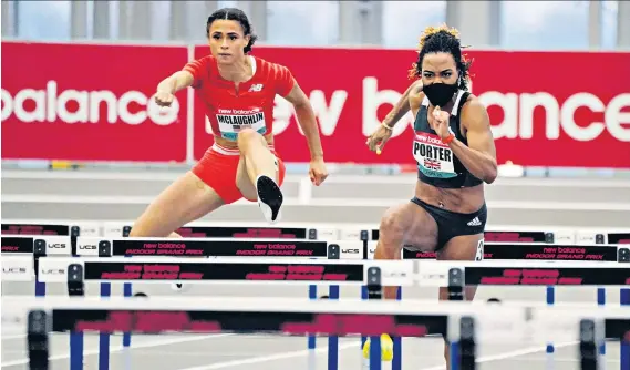  ??  ?? Back at the top: Tiffany Porter wears a mask while competing in a 60m hurdles race in New York last month. She races in the European Indoor Championsh­ips in Torun, Poland this weekend