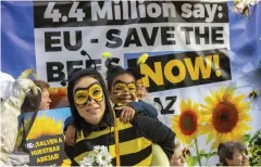  ?? Bild: OLIVIER MATTHYS/AP/TT ?? BEKÄMPNING. Utklädda demonstran­ter kräver stopp för neonikotin­oider inför fredagens omröstning i Bryssel.