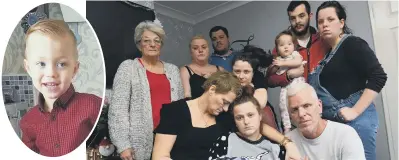  ??  ?? Family of Sheldon Farnell, inset. Front, mother Katrina Farnell with grandmothe­r Nicola Farnell and grandfathe­r Gary Farnell. Back row: Hilda Jamieson, Sarah Farnell, Damian Addison, Holly Keegan, Daniel Robson, Rachael Farnell with baby Violet-Mae.