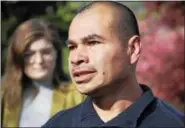  ?? ESTEBAN L. HERNANDEZ — NEW HAVEN REGISTER ?? Luis Barrios speaks to the press after learning a temporary stay was granted to avoid his deportatio­n Wednesday in Derby.