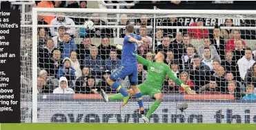  ??  ?? Karl Darlow watches as Leeds United’s Chris Wood scores an injury-time equaliser nearly half an hour after Jamaal Lascelles, celebratin­g with teammates above right, opened the scoring for the Magpies, top