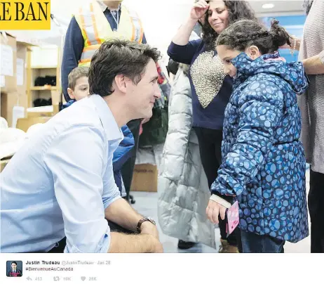  ?? TWITTER PHOTO ?? The tweet sent out by Prime Minister Justin Trudeau on Saturday in reaction to President Donald Trump’s ban on travellers from seven countries.