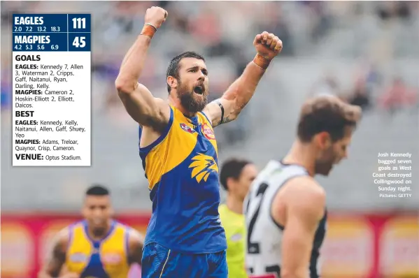  ?? Pictures: GETTY ?? 7.2 13.2 18.3
Josh Kennedy bagged seven goals as West Coast destroyed Collingwoo­d on Sunday night.
