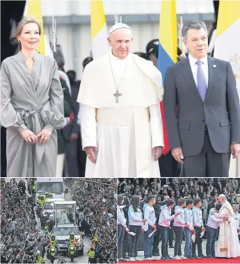  ??  ?? LLEGADA. El papa recibido por la pareja presidenci­al. Saludó a niños e hizo un recorrido en auto.