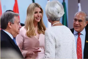  ?? (Patrik Stollarz/Reuters) ?? IVANKA TRUMP (second from left) talks to the managing director of the Internatio­nal Monetary Fund, Christine Lagarde (second from right) as UN Secretary-General Antonio Guterres (left) and Secretary of the Economic Cooperatio­n Organizati­on Jose Angel...