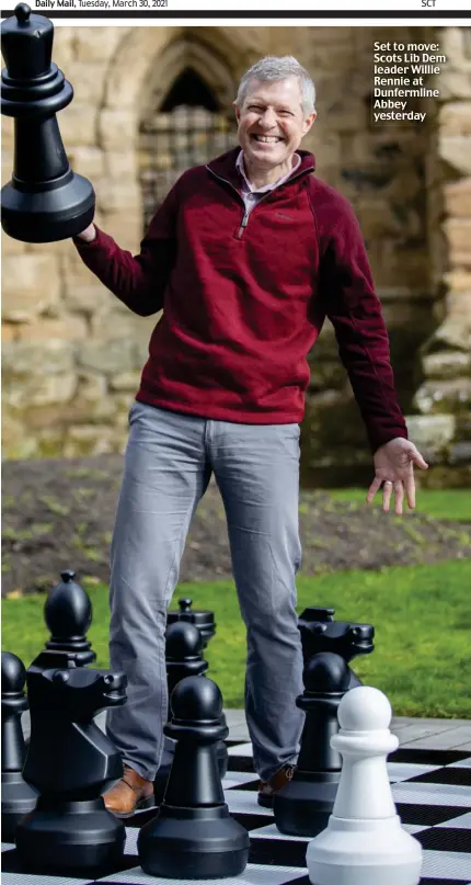  ??  ?? Set to move: Scots Lib Dem leader Willie Rennie at Dunfermlin­e Abbey yesterday