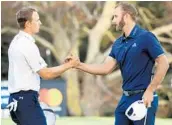  ?? ANDREW REDINGTON/GETTY IMAGES ?? Jordan Spieth and winner Dustin Johnson, right, shake hands after Johnson won Sunday in a playoff.