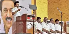  ?? G. MOORTHY ?? Strong attack: CM M.K. Stalin addressing a public meeting near Srivillipu­ttur in Virudhunag­ar district on Wednesday.