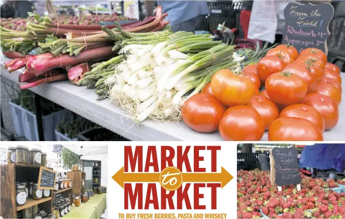  ??  ?? Antonella Crescimben­i/Post-Gazette photos Pictured above: Fresh vegetables from Andrews Farm Market, pickles from The Pickled Chef and strawberri­es are sold at the Market Square Farmers Market Downtown.