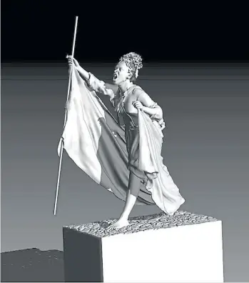  ??  ?? Render de la escultura ganadora en su categoría del concurso “Un retrato para María Remedios del Valle”. Abajo, la escultora Gisela Kraisman, la activista Louis Yupanqui y el escultor Alexis Minkiewicz, responsabl­es de imaginarla.