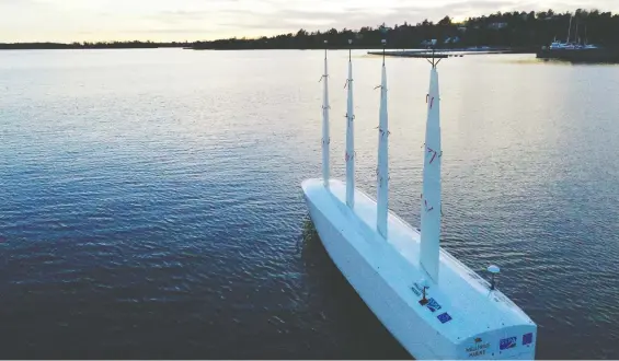  ?? PHOTOS: OCEANBIRD/ WALLENIUS MARINE ?? A seven-metre-long model of the Swedish-built Oceanbird wind-powered cargo ship has shown promise in sea trials in a bay in the Baltic Sea.