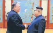  ?? AFP FILE ?? North Korea leader Kim Jong Un (right) shakes hands with US secretary of state Mike Pompeo in Pyongyang.