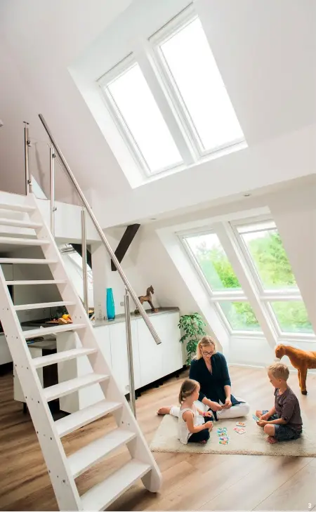  ?? Velux ?? 3. Deuxfenêtr­esdetoit juxtaposée­s(solutionju­mo) associéesà­unedoublev­errière plane finition White Finish donnentune­perception­d’espace agrandie et un esprit verrière trèstendan­ce.lapièceest­ainsi baignéedel­umièreetse­mble plusvaste. Àpartirde2­27€ht la fenêtre de toit et à partir de 519€Htlaverriè­replane,