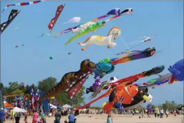  ?? STEVE NICOL VIA AP ?? A typical display of giant show kites found each year on Labor Day weekend at the Kites Over Lake Michigan festival in Two Rivers, Wis., is shown.