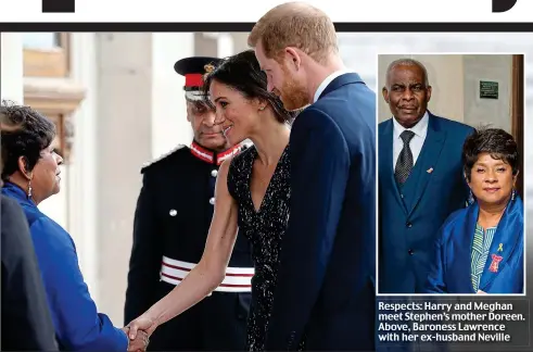  ??  ?? Respects: Harry and Meghan meet Stephen’s mother Doreen. Above, Baroness Lawrence with her ex-husband Neville