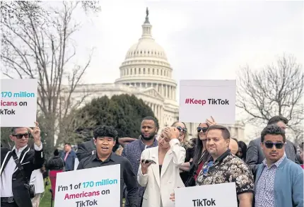  ?? NYT ?? Supporters of TikTok gather near the Capitol in Washington on March 13. The US Congress on Thursday passed a bill forcing TikTok’s parent company to sell up or be banned in the US.