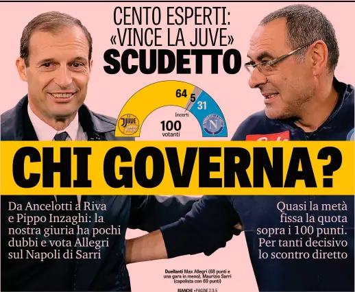  ??  ?? Duellanti Max Allegri (68 punti e una gara in meno), Maurizio Sarri (capolista con 69 punti)