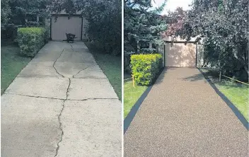  ??  ?? Before: This driveway is the victim of the extremes of the Prairie climate. After: Rubber Paving Sask can repair damaged surfaces with a smooth, seamless rubber topcoat that is ideal for homes and businesses.