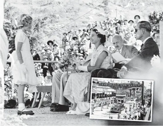  ?? Pictures: TOWNSVILLE CITY LIBRARIES ?? MEMORIES: Robyn Lewise Breinl, 8, daughter of the Deputy Mayor Dr John Breinl, presents a bouquet of orchids to the Queen at the Sports Reserve. INSET: The Royal Progress in Flinders St.