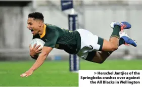  ??  ?? > Herschel Jantjies of the Springboks crashes over against the All Blacks in Wellington