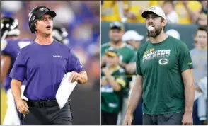  ?? The Associated Press ?? FAMILIAR OPPONENTS: At left, Baltimore Ravens head coach John Harbaugh talks to his team during the first half of an Aug. 8 preseason game against the Jacksonvil­le Jaguars in Baltimore. At right, Green Bay Packers quarterbac­k Aaron Rodgers blows bubbles with his gum before the start of an Aug. 8 preseason game against the Houston Texans in Green Bay, Wis. The Ravens will see a little bit of Aaron Rodgers tonight in their preseason game.