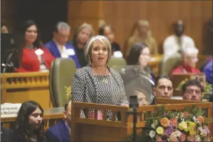  ?? ROBERTO E. ROSALES/AP ?? NEW MEXICO GOVERNOR MICHELLE LUJAN GRISHAM delivers her State of the State speech for the start of the 56th Legislatur­e at the Capitol on Jan. 16 in Santa Fe, N.M.