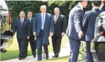  ?? NEW YORK TIMES NEWS SERVICE ?? President Donald Trump with Kim Yong-chol, far left, the former North Korean intelligen­ce chief and top nuclear arms negotiator, and Secretary of State Mike Pompeo, center, are seen Friday on the South Lawn of the White House in Washington, D.C.