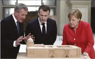  ??  ?? Neil MacGregor in conversati­on with Emmanuel Macron and Angela Merkel. His new series explores how other countries view Britain and its history