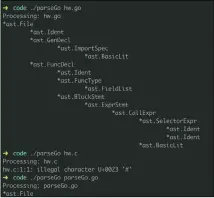  ??  ?? Figure 3: This illustrate­s the use of the parsego. go program that parses Go source files and generates output in the AST format.