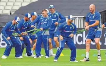  ?? AFP ?? Australia cricketers takes part in a training session at Edgbaston in Birmingham on Wednesday.