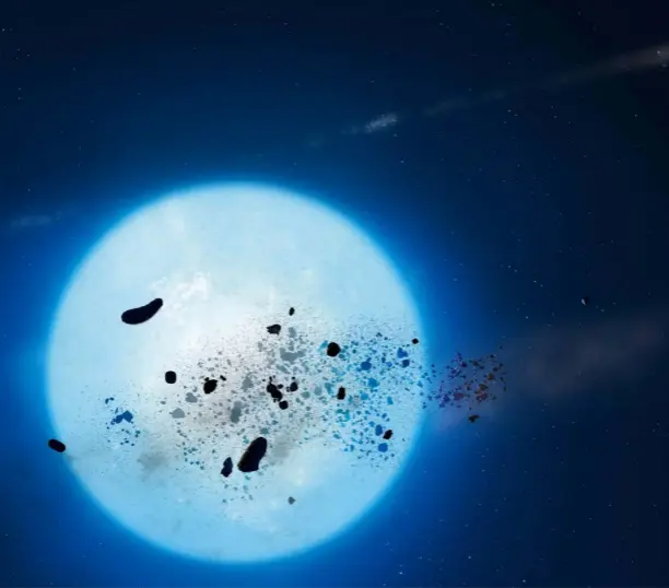  ?? ?? Debris from a celestial body shredded by a white dwarf’s gravity will dim the dying star’s light as it passes in front of it