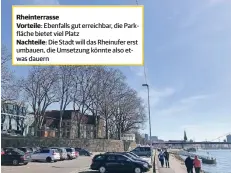  ??  ?? Ebenfalls gut erreichbar, die Parkfläche bietet viel Platz Die Stadt will das Rheinufer erst umbauen, die Umsetzung könnte also etwas dauern