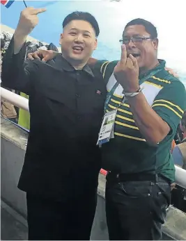  ?? Picture; SOCIAL MEDIA ?? KOREA PATH: Pieter Lourens, right, the SA athletics team manager, poses with a Kim Jong-un lookalike at the Olympic Stadium in Rio. He was furious this photo was lifted from his Facebook page and used on other social media. When asked if Lourens might...