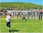  ?? ?? Mayor, Councillor Chris Pappas, tests his soccer skills.