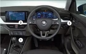  ??  ?? 2 1 1 Leather on handbrake, gearknob and steering wheel feels the highest quality here by far 2 Our test car had the optional 9.2in touchscree­n and fully digital dials tted 3 Metal-effect trims lift what could have been a drab interior.ambient lighting is available