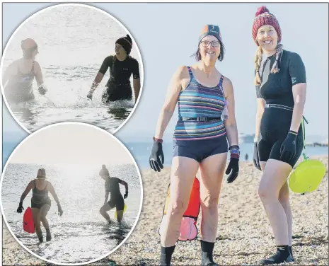  ?? Pictures: Habibur Rahman ?? HARDY SWIMMERS Friends Jan Lathem and Mel Knibbs, and at the beach in Southsea