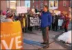  ??  ?? Saratoga Springs Public Safety Commission­er Peter Martin speaks at the Saratoga Peace Alliance vigil in Saratoga Springs. A group of area residents participat­e in the Saratoga Peace Alliance vigil held Wednesday in Saratoga Springs.