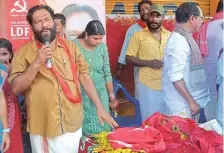  ?? ?? V.Joy speaking during his campaign in the Attingal constituen­cy.