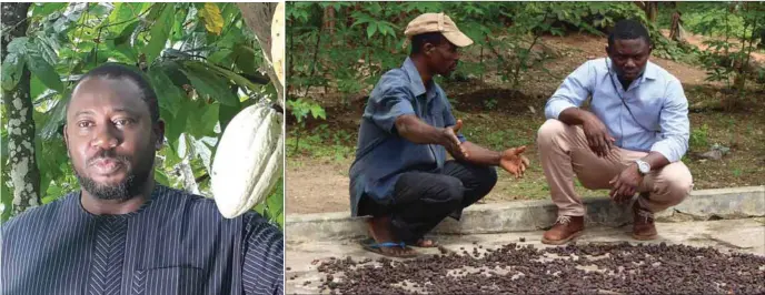  ??  ?? MADE's Team Leader, Tunde Oderinde Cocoa Farmer, Francis Adedeji (L) with MADE Field Officer, Soji Teller in Kolawole Community in Ondo State