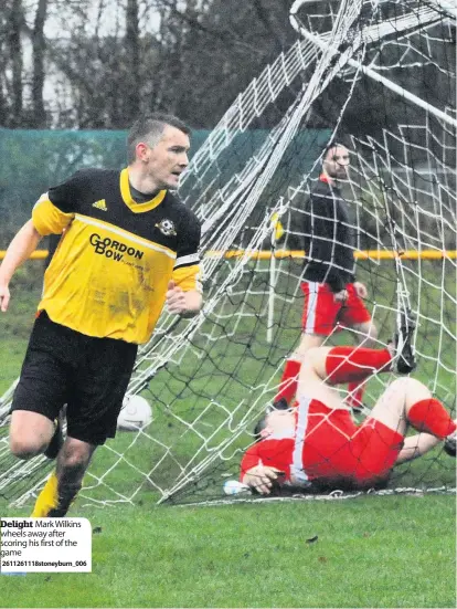  ?? 2611261118­stoneyburn_006 ?? Delight Mark Wilkins wheels away after scoring his first of the game