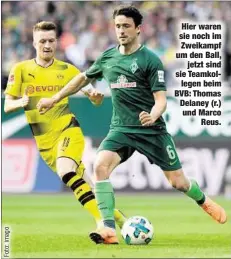  ??  ?? Hier waren sie noch im Zweikampf um den Ball,
jetzt sind sie Teamkolleg­en beim BVB: Thomas Delaney (r.) und Marco
Reus.