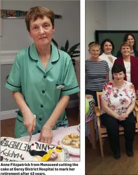  ??  ?? Anne Fitzpatric­k from Monaseed cutting the cake at Gorey District Hospital to mark her retirement after 43 years.