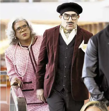  ??  ?? Madea (Tyler Perry) welcomes Needleman (Eugene Levy) aboard the comedy franchise. Denise Richards, right, joins in the fun, too.